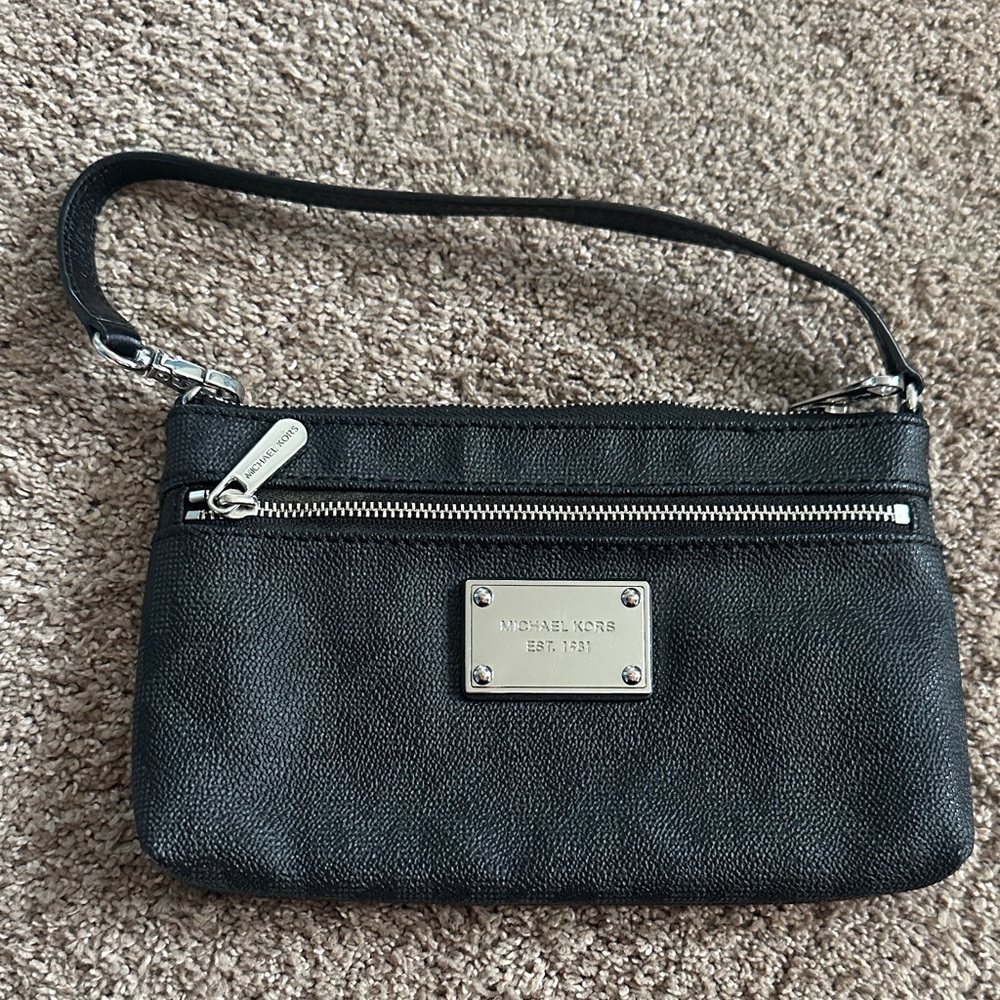 Michael Kors Black Pebbled Leather Wristlet Clutch with Silver Hardware